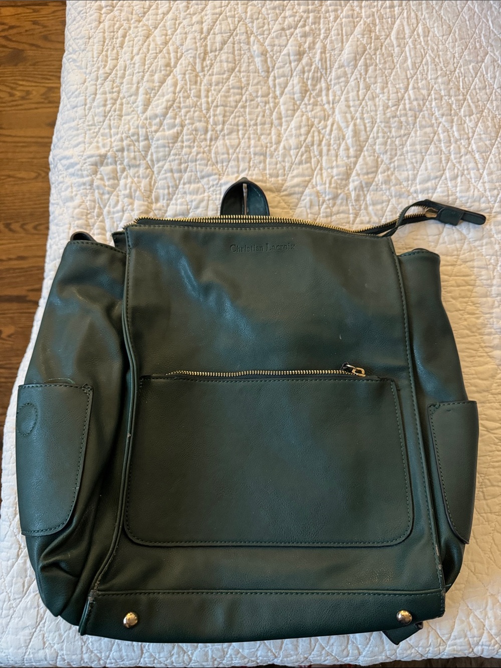 Christian Lacroix Forest Green Leather Backpack with Gold Hardware